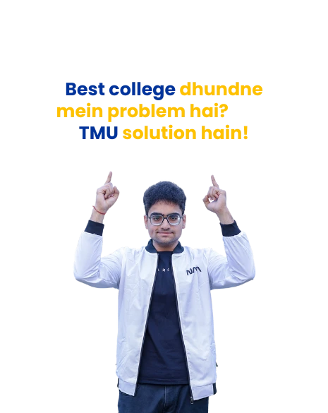 TMU male student wearing a white jacket, blue jeans, and black glasses
